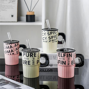 Tasse anglaise à contraste de couleur de grande capacité avec couvercle tasse en céramique créative en paille - Product Image 2