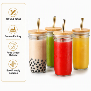 Herbruikbare glazen Mason <span class=keywords><strong>Jar</strong></span> beker met milieuvriendelijk bamboe deksel en gouden metalen rietje voor ijskoffie, bubble tea, smoothie, groothandel - Product Image 6