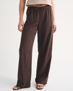 Leduo Customized Women Brown <b>Linen</b> Blend <b>Wide</b> <b>Leg</b> Pants Elastic Drawstring Hollow Hem Casual <b>Trousers</b> - Product Image 3
