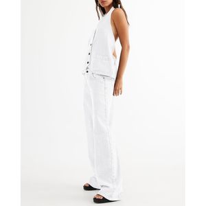 Conjunto de mezclilla personalizado para mujer: Top sin espalda con botones y jeans de pierna ancha, conjunto de 2 piezas de algodón lavado - Product Image 2