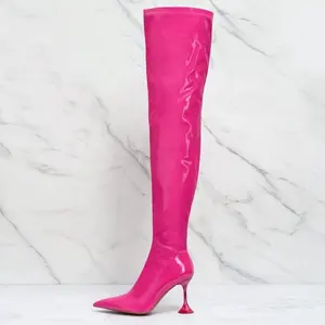 Enmayer winter hot sale hot pink patent leather boots wholesale Custom pointed toe clear heel thigh high boots sexy knee boots