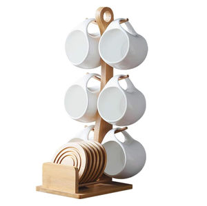 Coffee Mug Set, Ceramic Coffee Mug with <strong>Wooden</strong> Cup Holder and 6 Hooks Holder, Suitable for Kitchen <strong>Countertops</strong> - Product Image 1