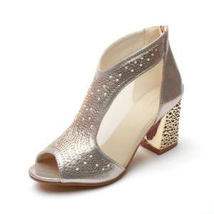 صنادل نسائية بكعب عالي للصيف بكعب سميك فم سمكة شبكي جديد جيد التهوية للنساء من حجر الراين أحذية برقبة رائعة بسحاب خلفي - Product Image 5