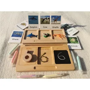 Simulation Animals Matched English Study Cards Montessori Toys Wooden Learning Tablet with Chalks Divided Trays