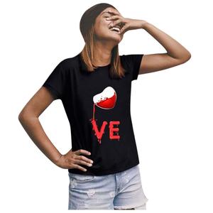 Nuova T-shirt Casual Nera da Donna <span class=keywords><strong>con</strong></span> Stampa a <span class=keywords><strong>Cuore</strong></span> <span class=keywords><strong>Rosso</strong></span> e Scritta, a Maniche Corte, Vestibilità Ampia, in Poliestere, per Coppie e Innamorati - Product Image 3
