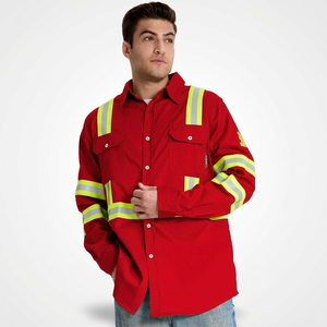 Men's Red <b>Flame</b> Resistant Hi Visibility Work <b>Shirt</b> with Reflective Stripes Long Sleeve 100% Cotton Safety Uniform Workwear - Product Image 1