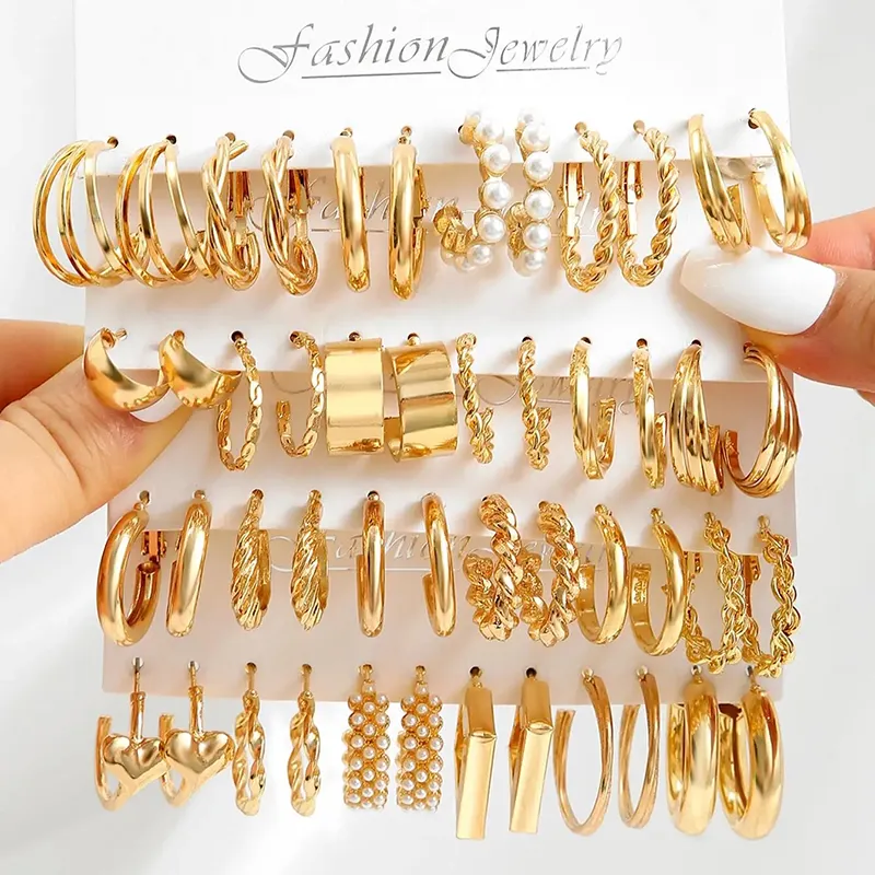 Vintage Gold Hoop Earrings Set for Women Boho Metal Circle Geometric Twist Pearl Dangle Earrings Trendy Jewelry Gifts