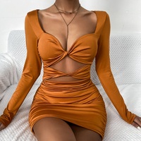 Robes crépues à manches longues pour femmes, Mini robe élégante plissée, moulante, avec col en V profond torsadé, froncée, décontractée, pour soirée, boîte de nuit