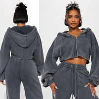 Ensemble sweat à capuche court et short vintage délavé à l'acide pour femme - Ensemble 2 pièces en coton oversize pour tenue décontractée
