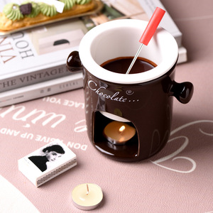 Taza <span class=keywords><strong>de</strong></span> cerámica para fondue con calentador <span class=keywords><strong>de</strong></span> vela, olla para derretir chocolate y queso, tazón <span class=keywords><strong>de</strong></span> postre con doble asa, venta al por mayor para restaurantes. - Product Image 5