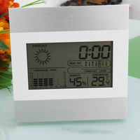 Horloge numérique de bureau/murale en plastique avec prévisions météo, affichage de la température et de l'humidité, fonction snooze, écran LCD, pour la maison et le bureau, personnalisable avec logo, vente en gros