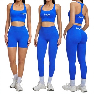 Ensemble de yoga uni pour femme, legging taille haute et crop top, sans couture, en Spandex et Polyester, 2 pièces, tenue de sport, col licou, fitness - Product Image 1