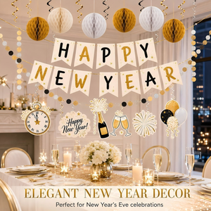 Nouvel Ensemble de Décoration de Fête Blanc et Or pour le Nouvel An – Bannière Joyeux Nouvel An, Ornements Spirales Suspendus, Pompons en Papier, Décoration de Scène – Vente en Gros - Product Image 3