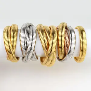 18K Gold Plated Layered Stainless Steel Multilayer Elastic Stretch Snake Wide Wrap Bangle Twisted Bracelet Jewelry For Women Men