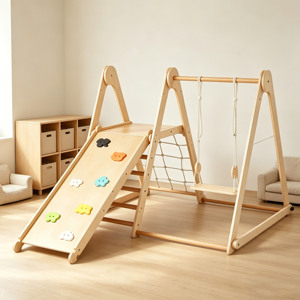 Estructura de juego Montessori de madera para interiores con tobogán y columpio para niños de 1 a 6 años, unisex, diseño geométrico. - Product Image 1