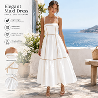 Robe midi blanche pour femme, bretelles spaghetti, col carré, ourlet étagé, été, plage, vacances, vente en gros, OEM