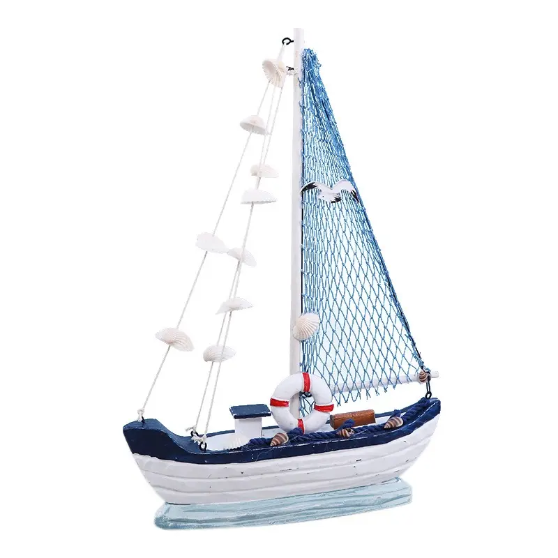 Mediterranean Wooden Sailboat Model Ornaments Retro Craft Boat Blue And White Shell Boat Home Living Room Dining Room Ornaments