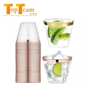 9Oz Drinken Wegwerp Cups Voor Party Goud Omrande Transparante Dessert Cups Custom Plastic Wijnglas