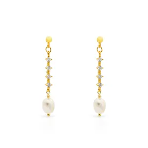 Chris April fine jewelry 925 sterling silver 18k gold plated freshwater pearl long chain zircon paved drop earrings