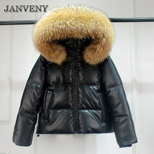 Jaket Kulit Imitasi Berkerudung Bulu Rakun Asli JANVENY Musim Dingin Wanita, Parka Tebal Tahan Air Berlapis Kapas Mengkilap, Mantel Kulit Imitasi - Product Image 1