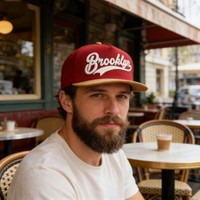 Casquette Trucker Personnalisée Brooklyn Broderie 3D en Relief Visière en Daim Bicolore Rouge et Beige Tendance Sportive Unisexe Fermeture à Boucle Métallique