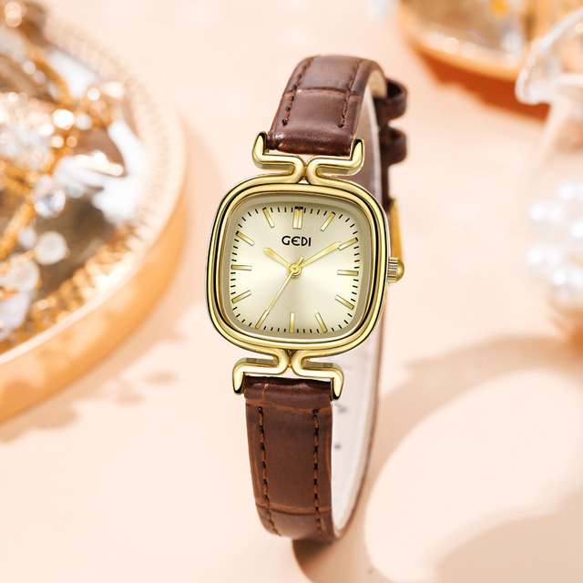 Goldie Vintage Small Square Genuine Leather Alloy Case Women's Quartz Watch Pointer Dial Waterproof