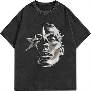Dark Wash Abstract <b>Face</b> Graphic Oversized Cotton/Polyester <b>T</b>-<b>Shirt</b> Unisex Loose Fit Drop Shoulder Casual Fashion Streetwear - Product Image 1