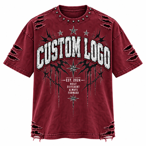 Camiseta Oversize Personalizada para Hombre, Estilo Punk, con Gráficos Desgastados, Cuello con Tachuelas, Lavado Vintage, Manga Corta, Algodón Jersey - Product Image 1