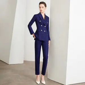 Custom Factory Navy Blue Stripe Double Breasted Office Pants And Blazer Suits Set For Women Business Wear Pants Suits