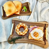 Plateau de service vintage en bois d'acacia de luxe léger avec poignée en métal, plateau en bois massif antiseptique pour le petit-déjeuner, les desserts et les collations