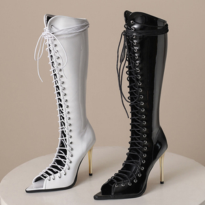 Bottes longues à talons aiguilles pour femme, en cuir verni brillant, à lacets sur le devant, avec découpes, grande taille 46, coupe large, pour l'été - Product Image 6