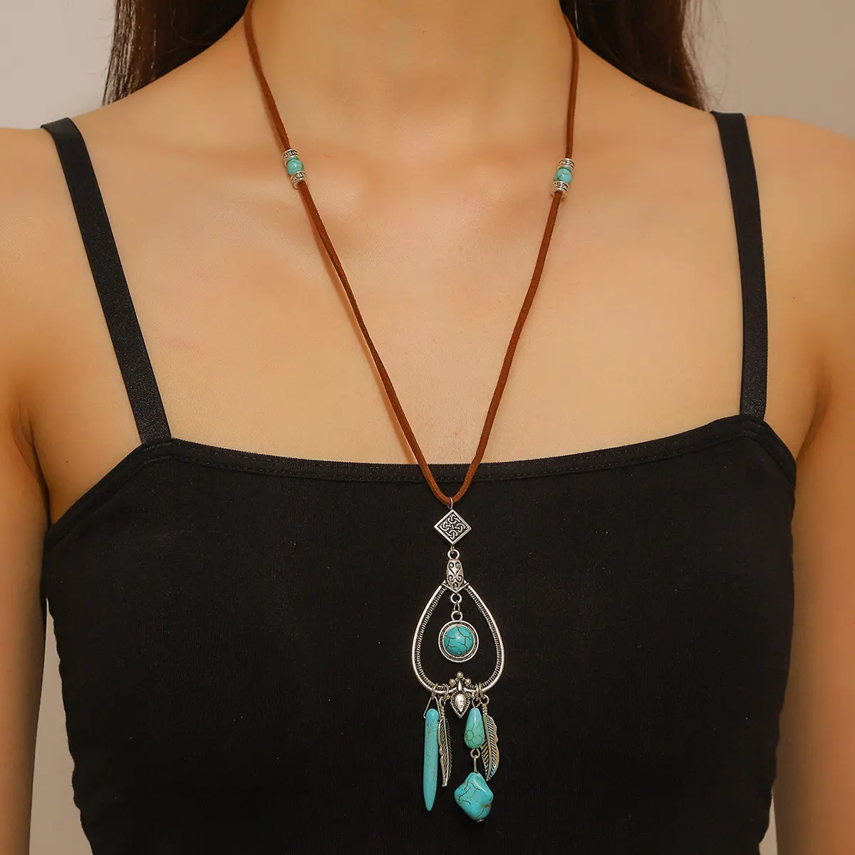Boho Ethnic Accessories Turquoise Pendant Necklace for Women Vintage Leather Necklaces Sweater Chain