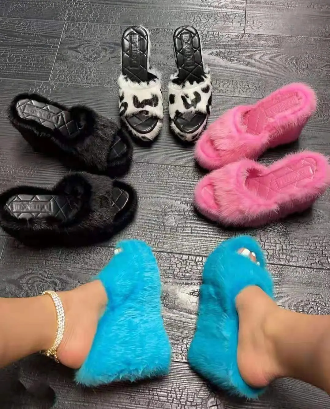 Women Jelly High Heels Casual Shoes Flip Flops Plush Wedges Sandals Women's Pumps High Heel Women Dress Faux Fur Shoes