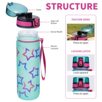 Bouteille d'eau en plastique réutilisable de 750 ml avec motif étoile coloré, impression UV, anti-fuite, à boire directement, avec couvercle à ressort à bouton unique, cadeau