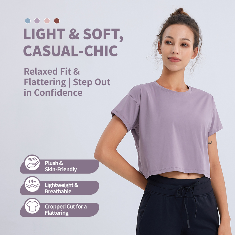 Women's Eco-Friendly Soft Lightweight Four-Way Stretch Quick Dry Sweat-Wicking Yoga Cropped T-Shirt Loose Fit Breathable Top