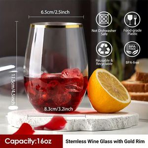 Verre à vin sans pied en plastique transparent incassable et recyclable de 16 oz avec bord doré, personnalisable et en gros - Product Image 3