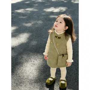 Tongxingyuan Baby Girls Traditional Chinese Style Vest Dress New Year Occasion Green Wool Blend With Pocket And Chain Bag - Product Image 3