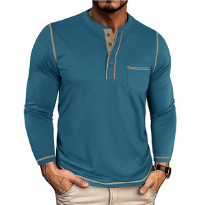Camiseta de Manga Larga para Hombre, Estilo Europeo Americano, Vintage, con Bolsillo, de Algodón Transpirable que Absorbe la Humedad, para Otoño e Invierno - Product Image 3
