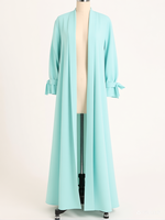 Abaya élégante turquoise ouverte pour femme, kimono long modeste à manches longues avec poignets à nœuds, abaya décontractée pour le quotidien
