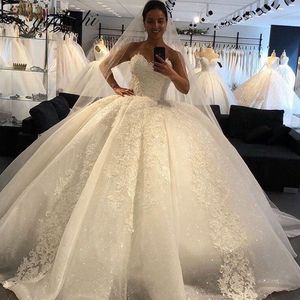 Elegant Beaded Wedding Dress Tulle Lace Sweetheart Neckline Princess Ball Gown White Bridal Dress With Veil - Product Image 3