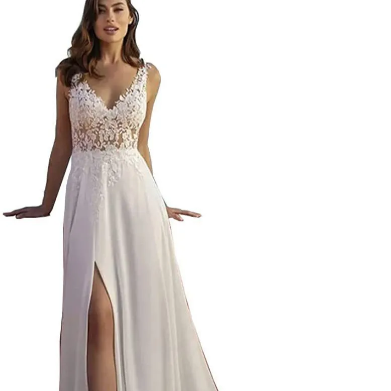 بيع بالجملة شعار أبيض منظور فستان طويل درب مثير الدانتيل انقسام صغير درب الشيفون ضوء فستان الزفاف