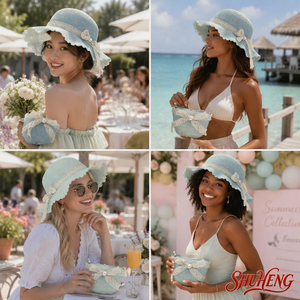 Topi Pantai Musim Panas Berbahan Rafia dengan Pinggiran Lebar untuk Wanita, Kasual, Cocok untuk Aktivitas Luar Ruangan, Bordir Payet, Tali Renda, Pita, Motif Kotak-kotak - Product Image 4