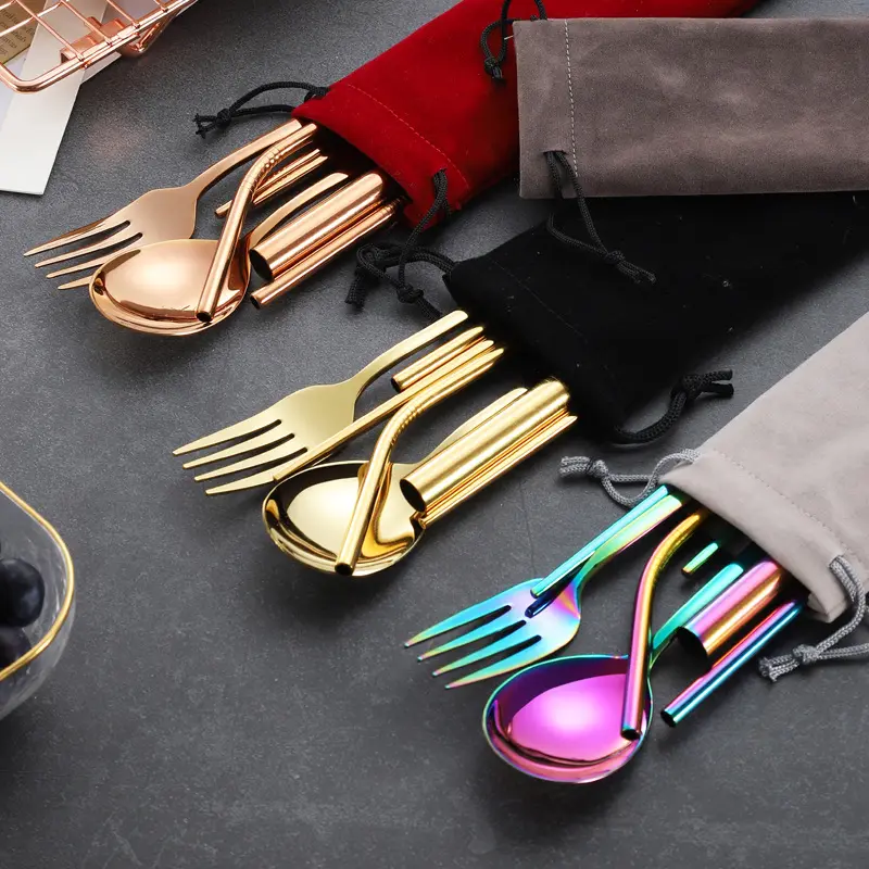 Stainless Steel Travel Reusable Cutlery Straw Set Camping Spoon Fork Chopstick Straw with pouch Case Logo