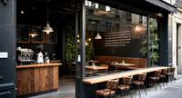 Ensemble complet de mobilier de café en bois sur mesure |   Meubles de café écologiques durables de haute qualité avec éclairage LED |   Conception de solutions clés en main sur mesure