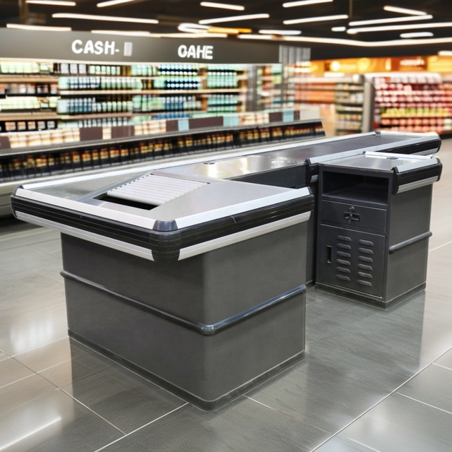 Ownace Supermarket Store Electric Cash Checkout Counter With Conveyor Belt Cashier Checkout Table Counter
