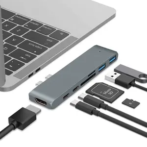 USB C Hub Thunderbolt 3 HD-MI, Pembaca PD Adaptor 7 In 1 USB Tipe C Kompatibel 4K TF/SD untuk Stasiun Dok Hub Macbook Tipe-c