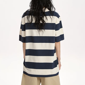 Polo de punto de algodón de manga corta holgado estilo streetwear con bloques de color azul marino y blanco para hombre, camisa polo a rayas oversize al por mayor - Product Image 3