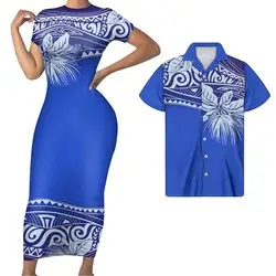 Custom Golden Stripes Couple Suit Polynesian Pattern Women For Club Dress Long With Shorts Sleeve Match Men Shirts Plus Size