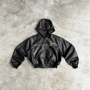 Giacche da uomo personalizzate con cerniera nera di alta qualità felpe in pelle con cappuccio <span class=keywords><strong>oversize</strong></span> abbigliamento Casual da strada giacche di pelle - Product Image 1