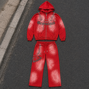 Ensemble de survêtement vintage OEM pour <span class=keywords><strong>homme</strong></span>, avec sweat à capuche zippé oversize et pantalon de survêtement <span class=keywords><strong>large</strong></span>, imprimé strass délavé - Product Image 2
